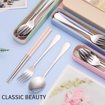 新款不锈钢筷子勺子可爱便携餐具三件套装单人学生外带收纳餐具盒