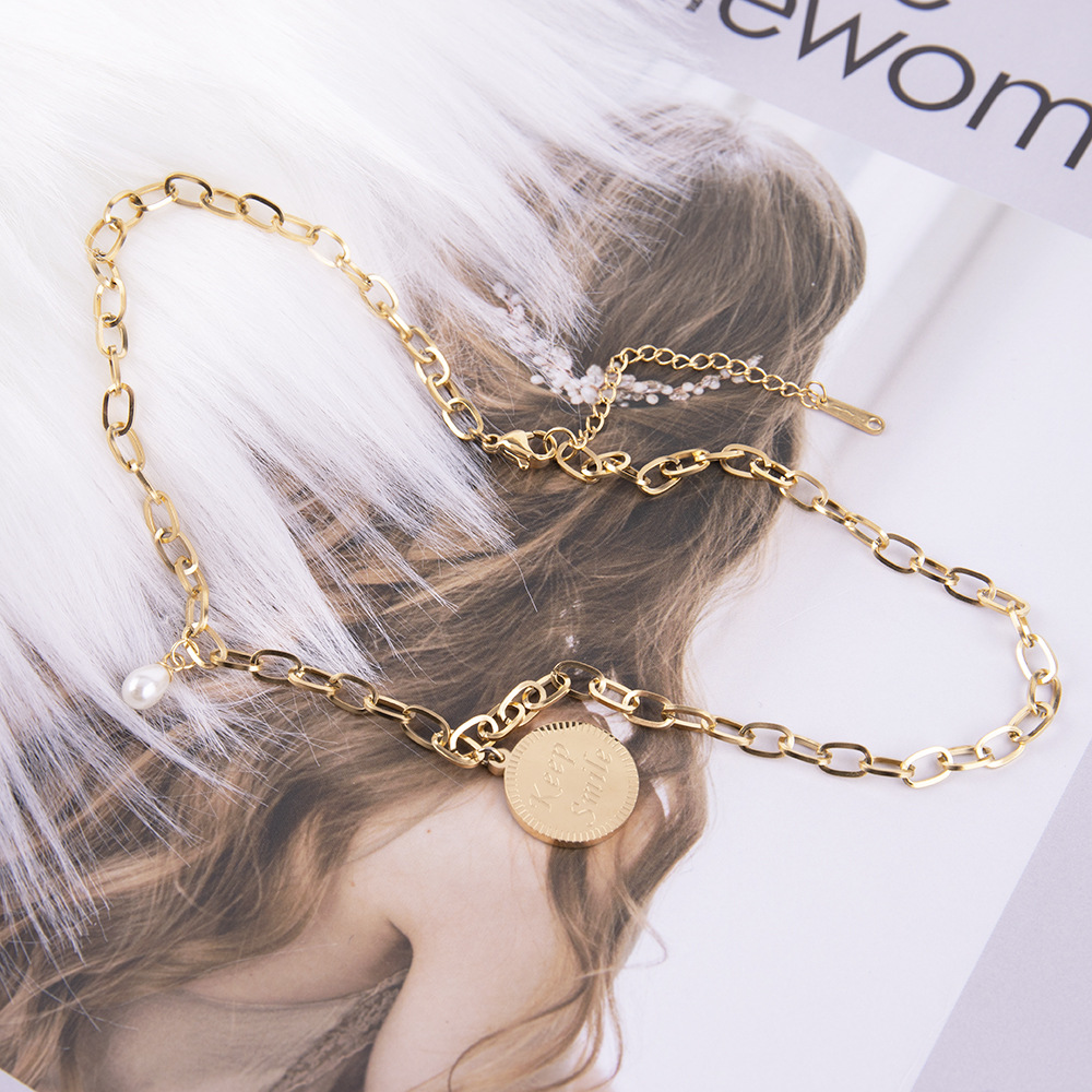 Titanium steel English round brand pearl necklace made of stainless steel, personalized versatile, fashionable and_voghion.com