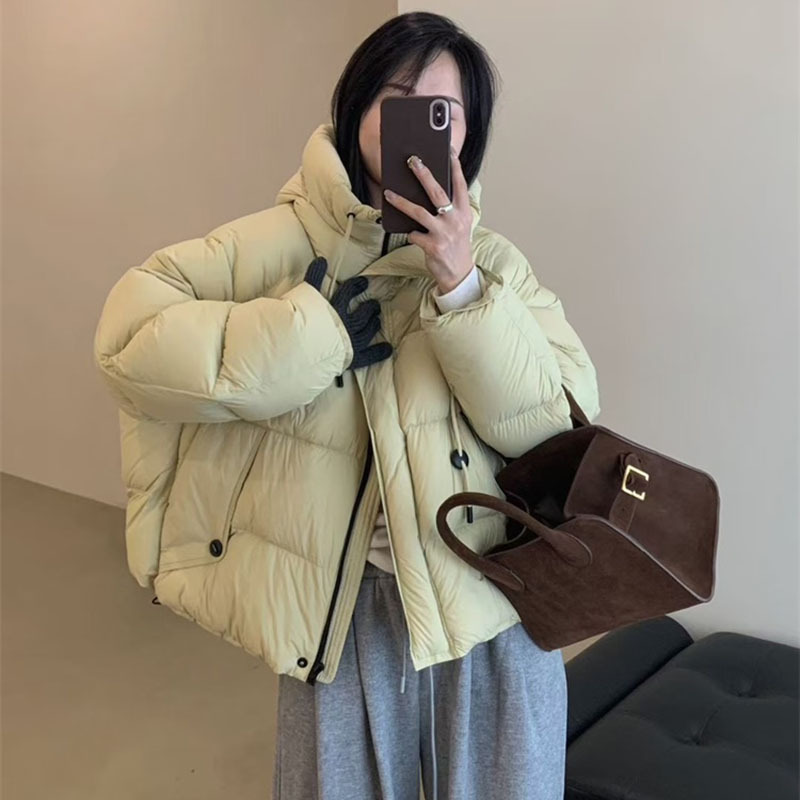 高端连帽泡芙感羽绒服女2025冬季抽绳保暖宽松白鸭绒面包服外套潮|undefined