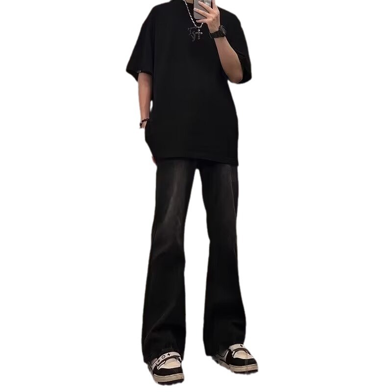 2024 primavera y otoño nuevo estilo americano calle alta suelta recta pantalones largos casuales negros marca de moda jeans para hombres