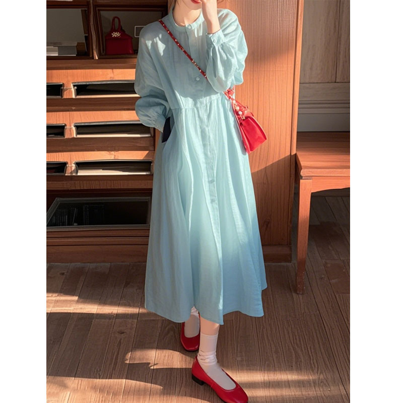 2025 Spring Dopamine Outfit, Beautiful, Unique, Beautiful and High-End, Small Fragrant Blue Long-Sleeved Shirt Dress