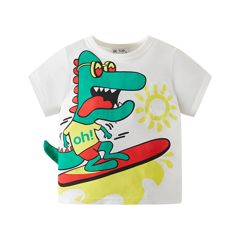 2025 nuevo estilo dinosaurio tridimensional dibujos animados para niños camiseta de manga corta niño bebé top de punto al por mayor de una pieza