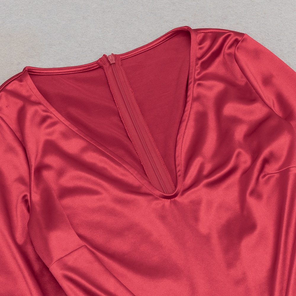 V neck Pleated Irregular Asymmetric Design Long Sleeve Dress Dinner Dress