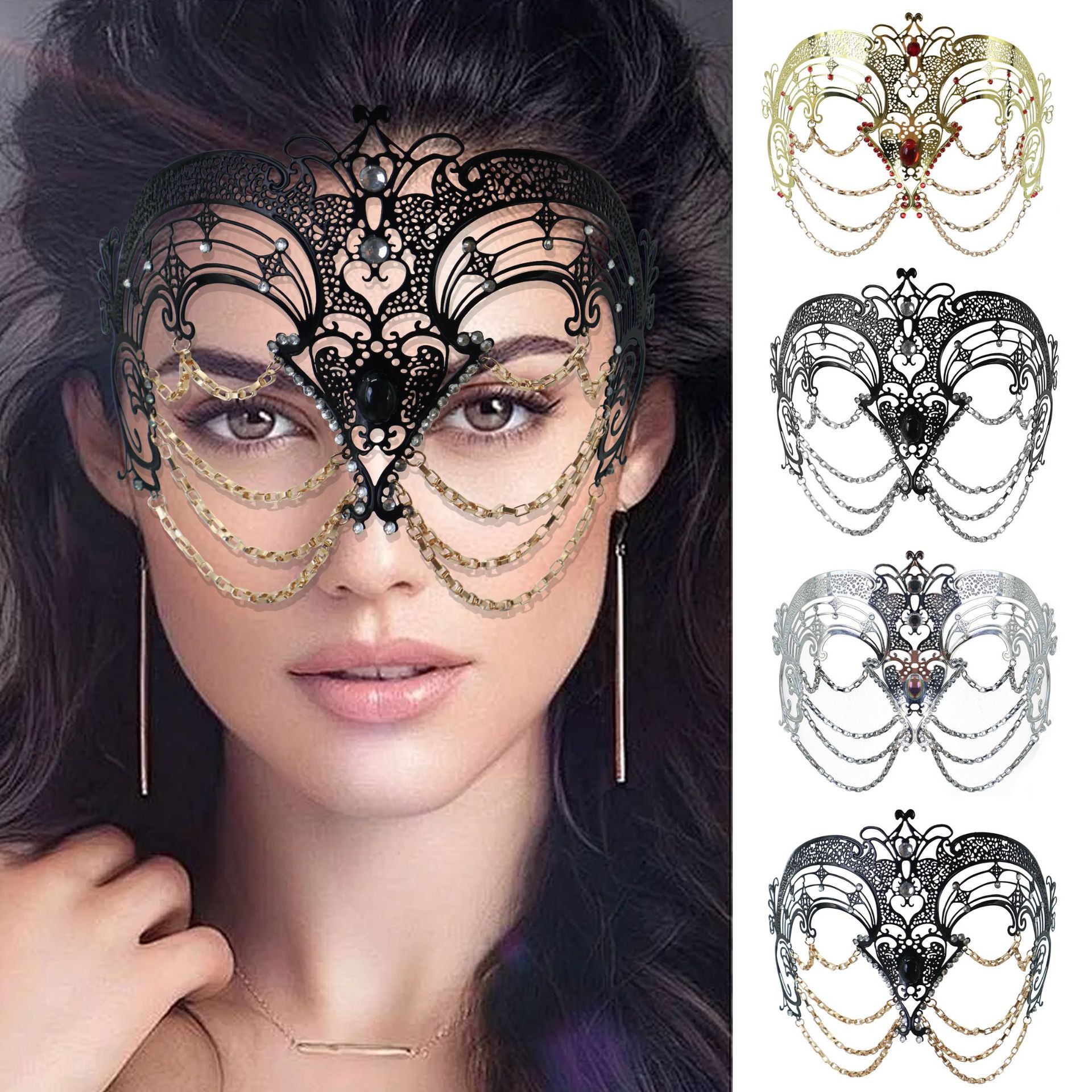 Máscaras de baile de maquillaje de cadena metálica de diamante, carnaval misterioso de alto nivel, damas en la red de viento, el mismo tipo de carretera de fotos