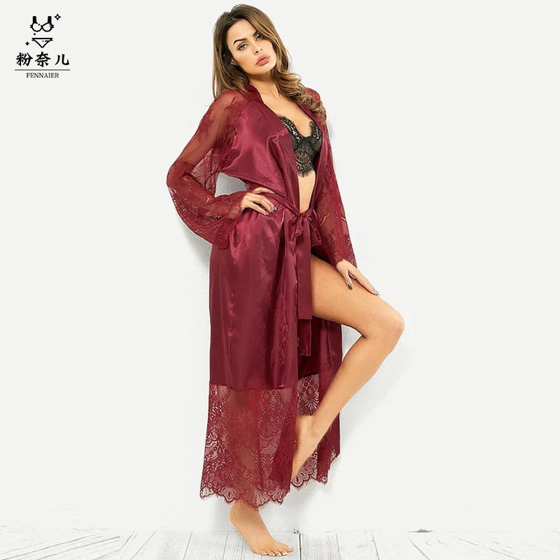 2023 nuevo sexy Albornoz encaje sexy camisón largo encaje manga larga venta al por mayor P6015