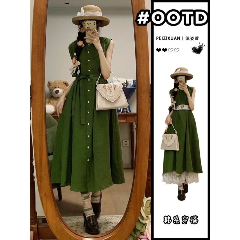 Retro Artistic Green Shirt Sleeveless Dress for Women, Simple Casual Summer Comfortable Relaxed Atmosphere Long Dress
