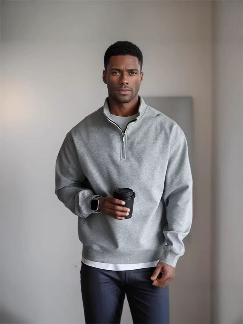 Europa y los Estados Unidos pesados 500g medio cremallera cuello Boxy suéter gris limpio ajuste americano para hombres y mujeres otoño y invierno