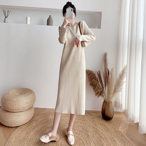 Autumn/Winter 2024 Long-Sleeve Round Neck Knit Dress - New Mid-Length Solid Color Base Round Neck Straight Trousers Kneeling Dress