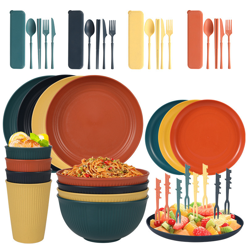 Cross-Border Wheat Straw Macaron Vertical Stripe Dinner Plate Salad Bowl Water Cup Portable Tableware Dinner Plate Bowl Dish Cup Set