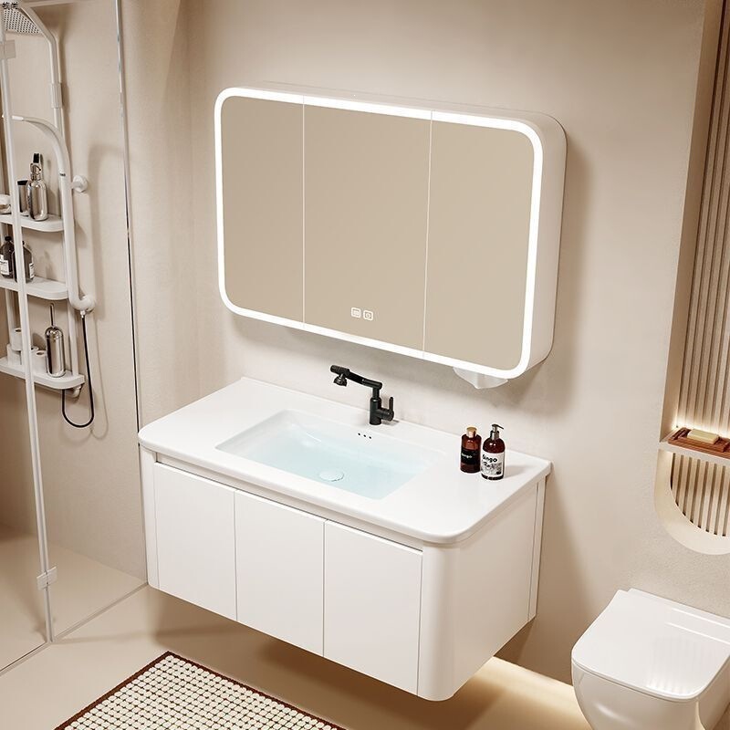 Cream White Honeycomb Panel Rounded Corner Bathroom Cabinet with Integrated Ceramic Washbasin Cabinet Combination Wall-Mounted Washstand Cream White Honeycomb Panel Rounded Corner Bathroom Cabinet with Integrated Ceramic Washbasin Cabinet Combination Wall-Mounted Washstand
