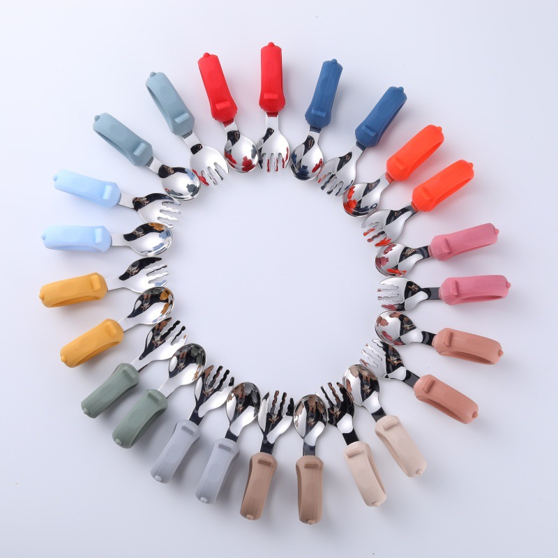 Baby Independent Feeding Spoon, Kidsren's Short-Handled Training Spoon, One-Year-Old Baby Feeding Spoon, Stainless Steel Elbow Spoon