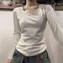 美式复古正肩长袖t恤女2025秋季设计感显瘦修身百搭辣妹短款上衣