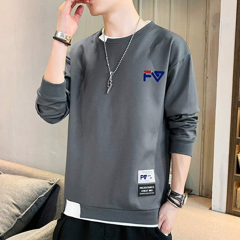 Футболка с длинным рукавом мужской прилив 2024 новый повседневный гонконгский ветер свободный круглый воротник свитер мужской весной и осенью