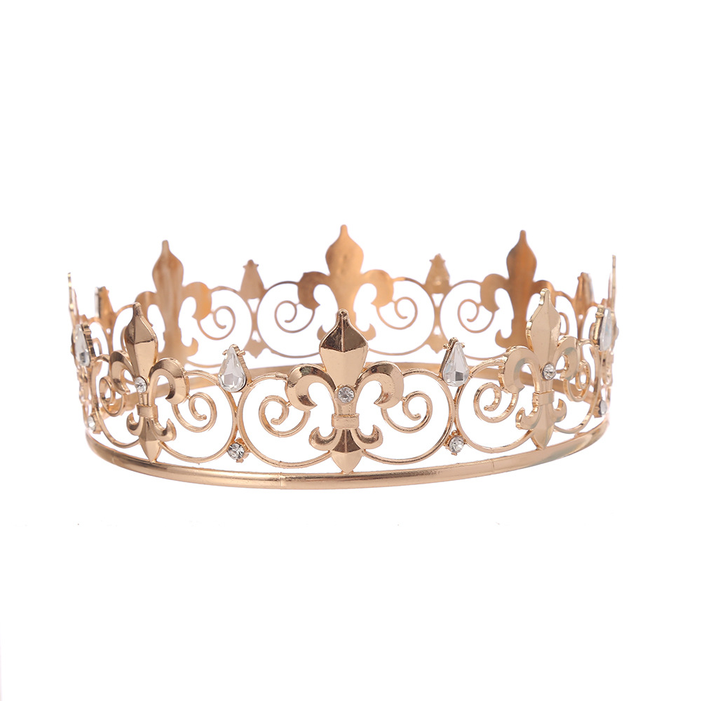Europeo y americano clásico rey accesorios para el cabello barroco completo ronda rhinestone oro aleación hombres y mujeres fiesta bola corona tocado