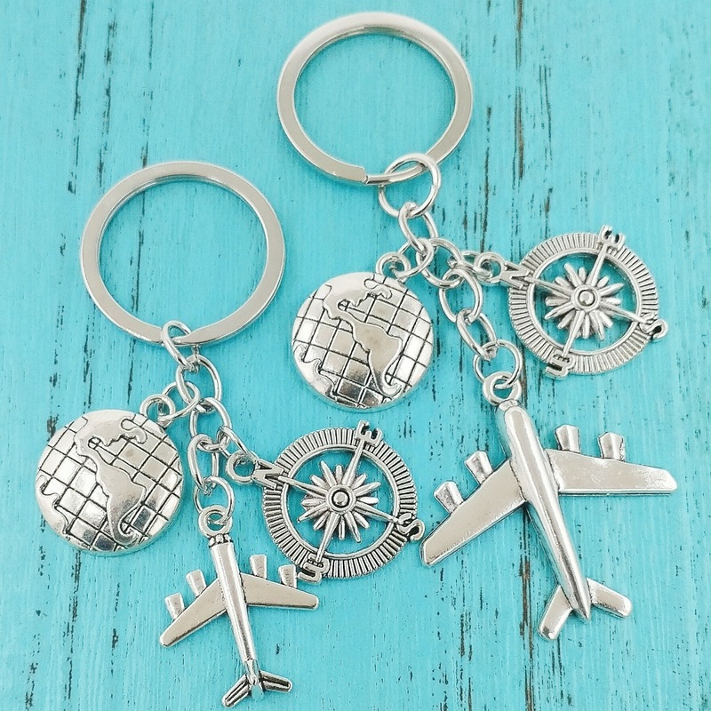 Trendy Alloy Airplane Compass Globe Passport Travel Keychain Graduation Season Car Bag Pendant