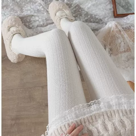 日系白色连裤袜女麻花纹针织白丝袜纯欲春秋冬加绒加厚保暖打底裤