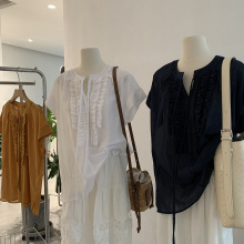 欧玛莱 简约韩系纯色木耳边绑带宽松休闲衬衫百搭薄款上衣女3884