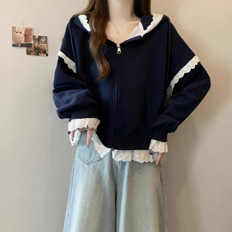 欧货连帽卫衣开衫外套女春秋新款大码胖mm显瘦高级感蕾丝花边上衣|undefined