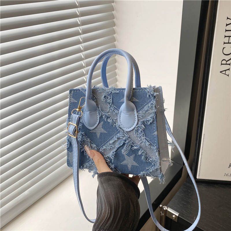 Fashionable and Simple Women's Shoulder Bag, Korean Style Double-Shoulder Stylish Handbag, Small Square Denim Plaid Texture Crossbody Bag