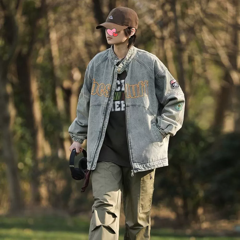 Denim retro jacket, universal trend patch, American style, with embroidery, oversize