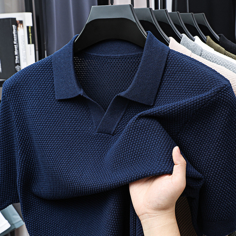 ¡Fibra fría japonesa! Camisa POLO de solapa para hombre de manga corta Camisa de gama alta de algodón Xinjiang casual todo fósforo