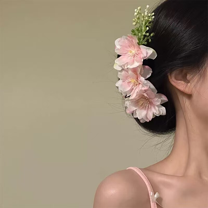 Early Spring Pink Cherry Blossom Hair Combing Atmosphere Feeling Disc Hair Side Meatball Head Hairpin Flower Vacation Style Warm Head Flower Early Spring Pink Cherry Blossom Hair Combing Atmosphere Feeling Disc Hair Side Meatball Head Hairpin Flower Vacation Style Warm Head Flower