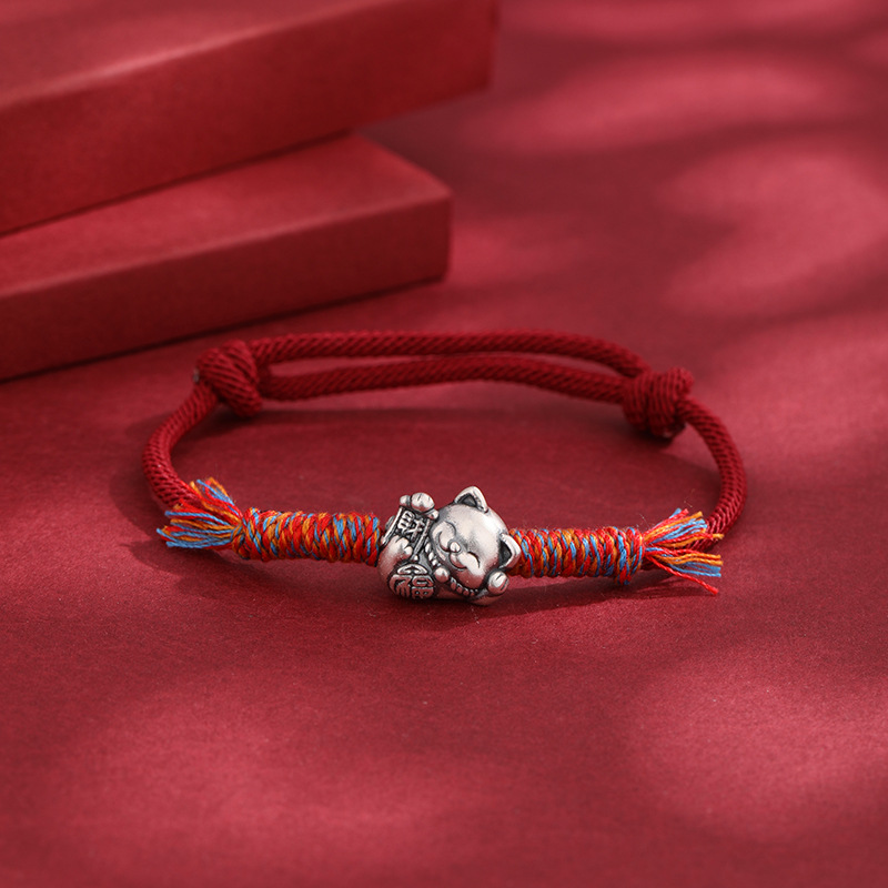 999 pie de plata adorable pulsera de gato de fortuna mujer tejida a mano cuerda roja ajustable este año de vida cuerda de mano regalo de Año Nuevo masculino