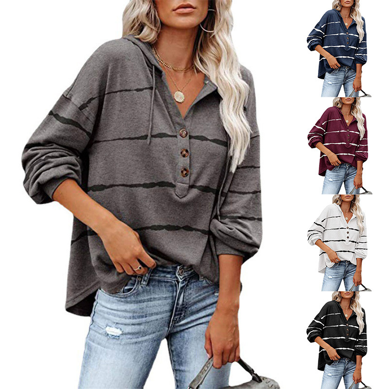 Women s Loose V-neck Long Sleeve Striped Buttoned Hoodie nihaostyles clothing wholesale NSLZ77512