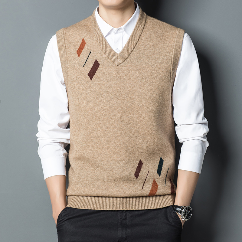 秋冬新款男士针织背心V领加厚无袖针织坎肩男衫中老年保暖马甲