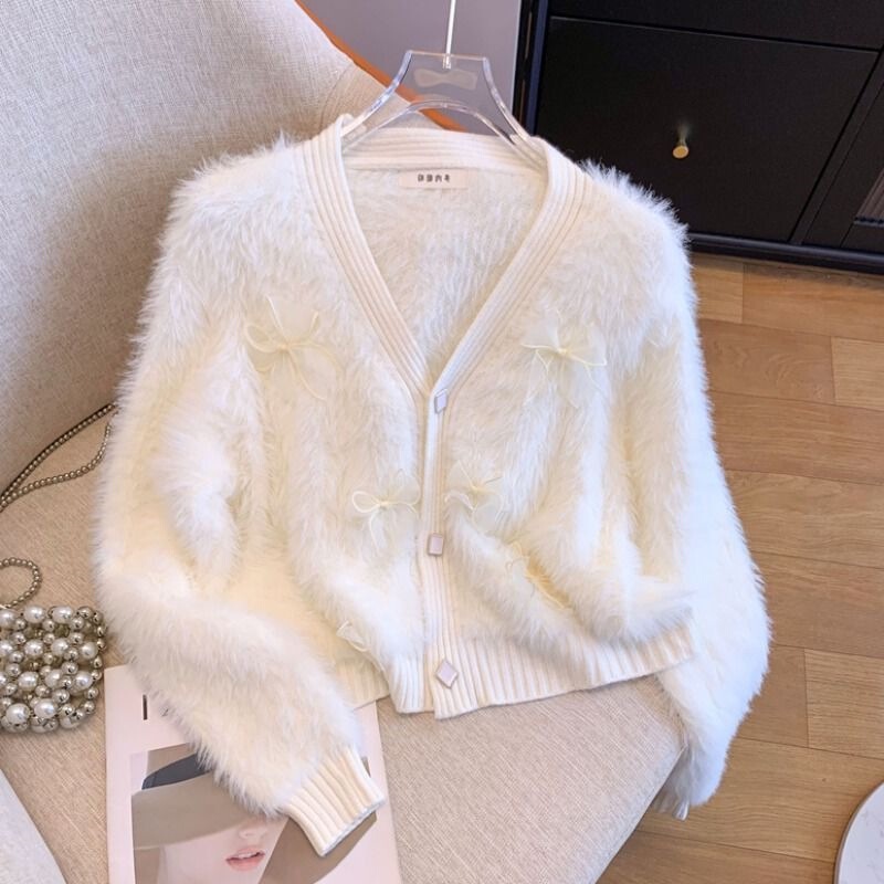 Imitation Mink Velvet V Neck Buttoned Knitted Cardigan Top for Women Spring 2025 New Soft Waxy Bow Short Sweater