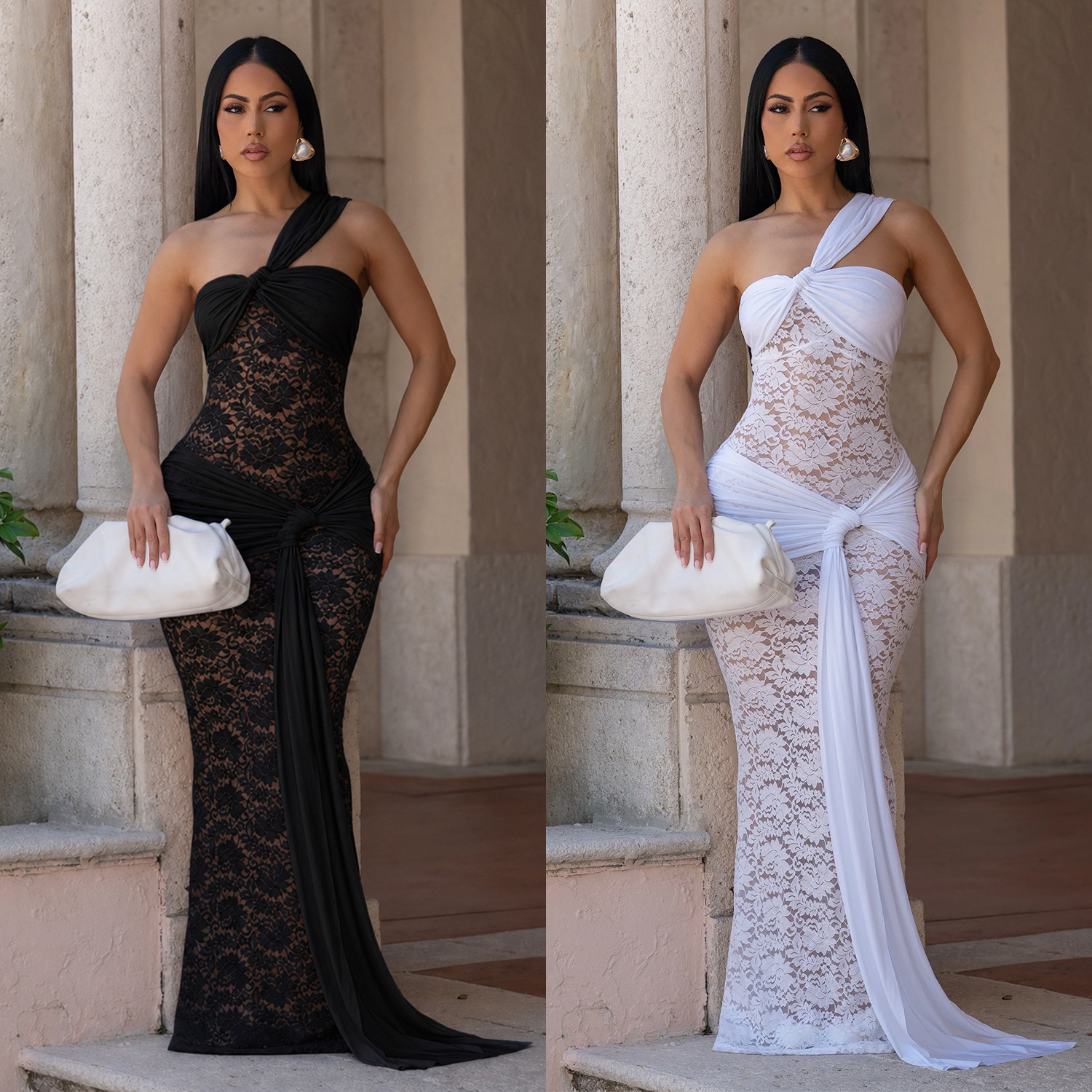 C7692 Aliexpress transfronterizo Amazon Europa y América ropa de moda femenina de encaje sexy vestido de hombro inclinado