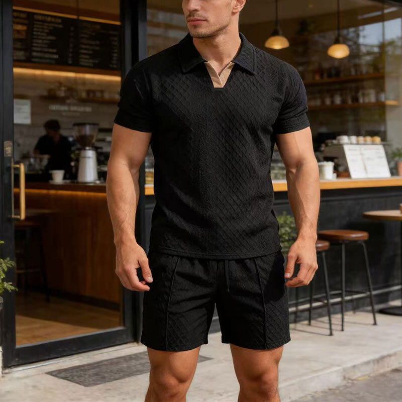 Verano hombre diseño textural americano conjunto versátil transfronterizo amazon con solapa casuales transpirables manga corta