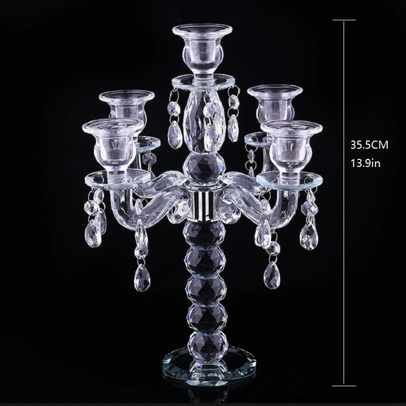 Crystal Multi-Arm Candlestick, Transparent Glass 5-Head Centerpiece, Height 35.5 cm