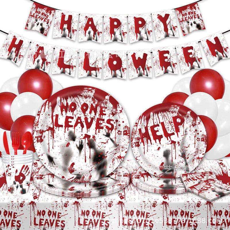 New Blood Hand Halloween Flag Disposable Theme Party Tableware Set Paper Plate Tissue Paper Cup Decorative Tablecloth New Blood Hand Halloween Flag Disposable Theme Party Tableware Set Paper Plate Tissue Paper Cup Decorative Tablecloth