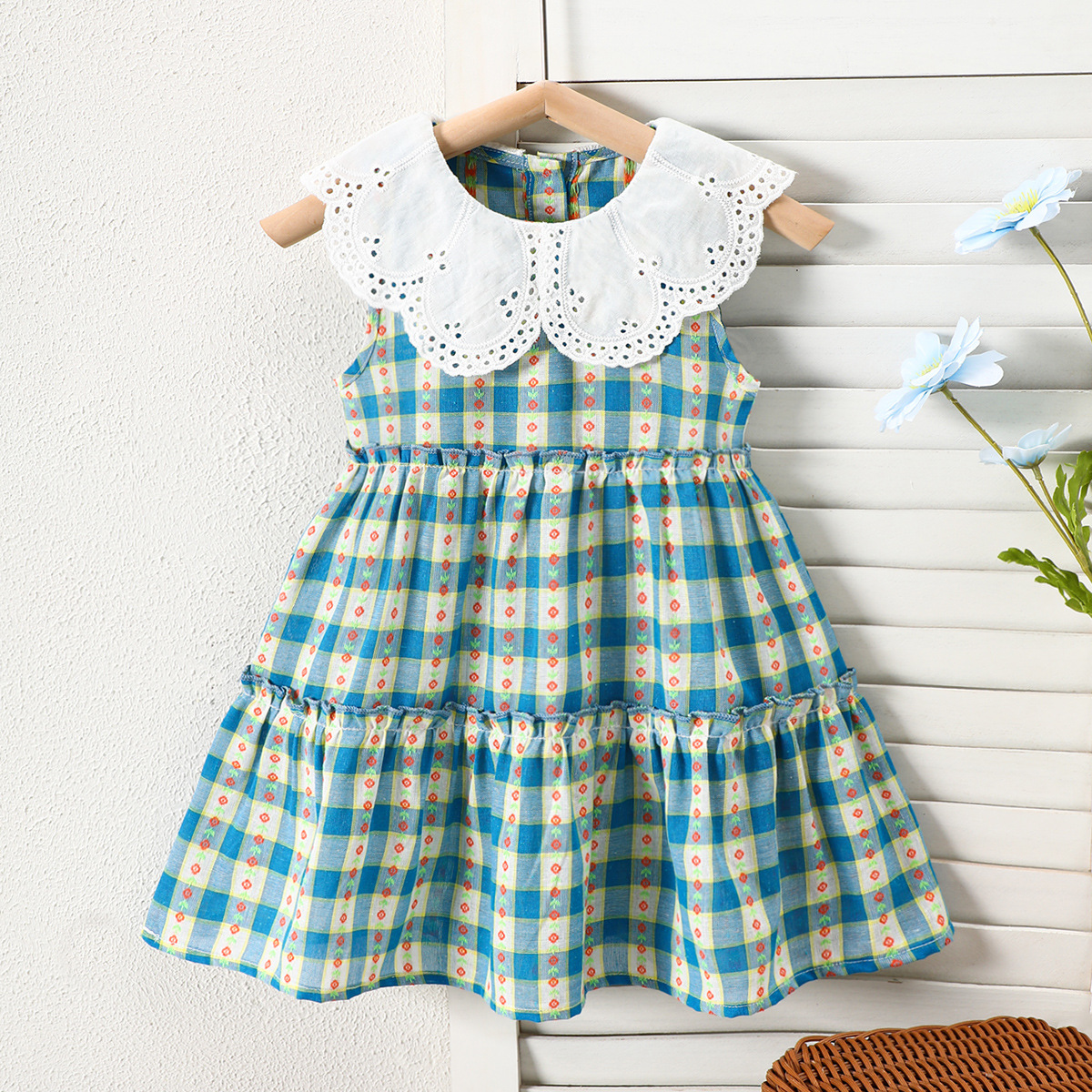 Summer girls sleeveless doll collar dress large lace collar children's skirt children's clothing plaid princess skirt vest skirt