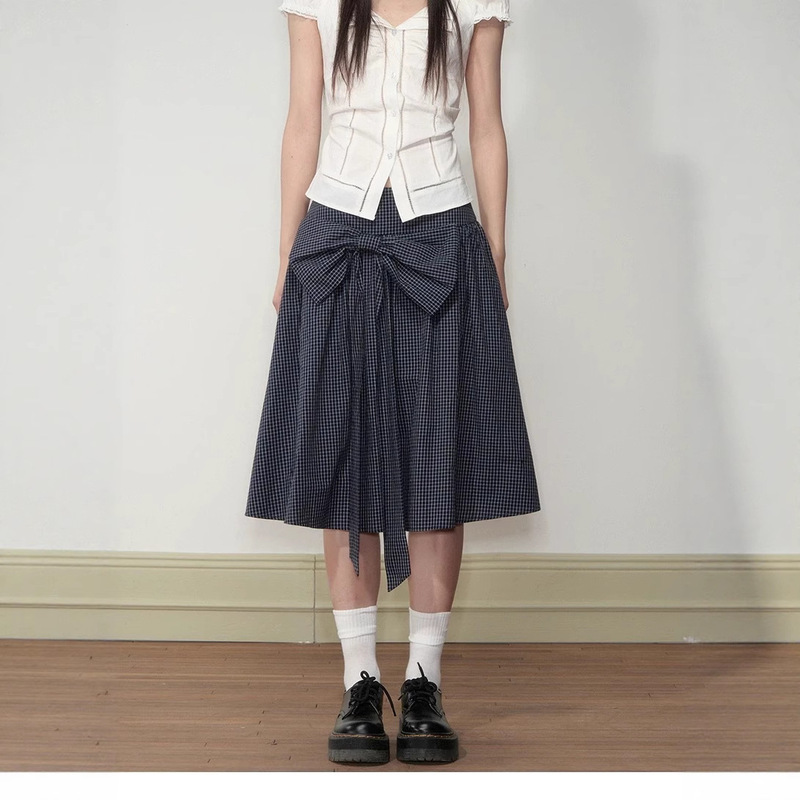 Soote Season Navy Blue Plaid Large Bow A-Line Midi Skirt 2026 New Style Skirt for Women