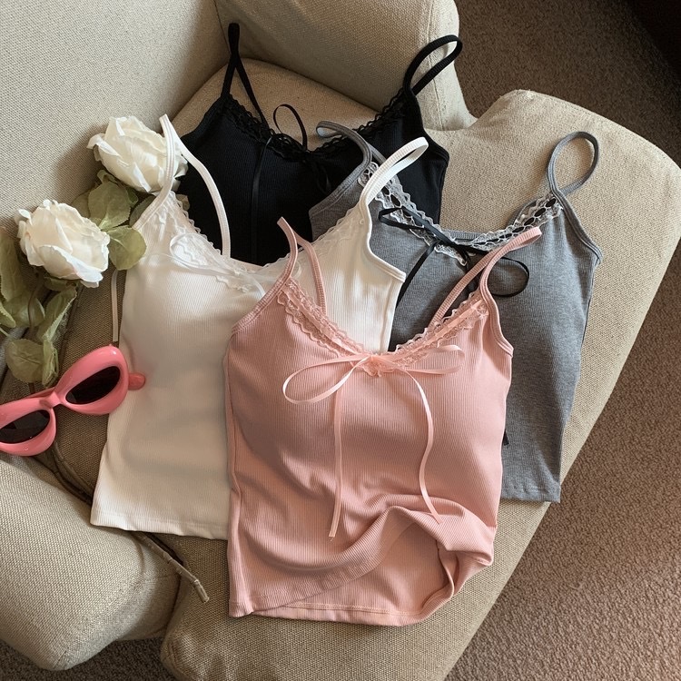 Lace V-neck Bow Sweet Spice Girl Pink Sling Vest with Chest Pad Short Beautiful Back Inner Wrap for Women