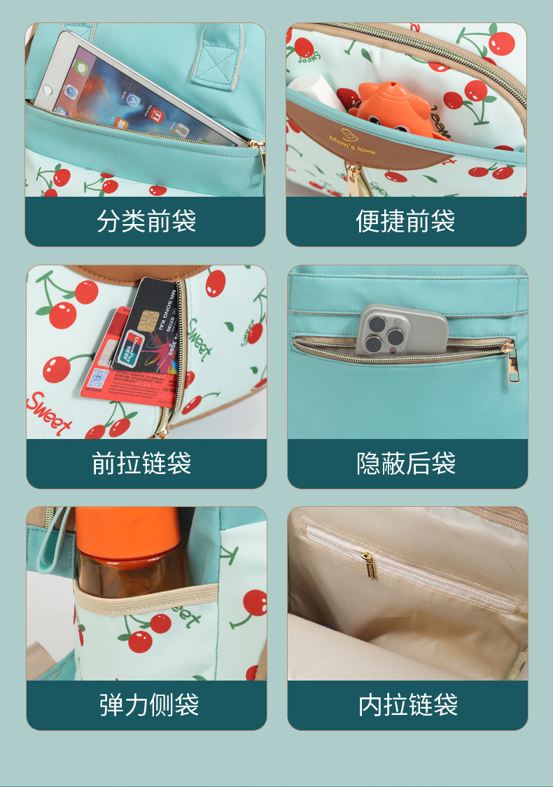 Mother and baby bag, maternity bag, large-capacity convenient mommy bag, new style, with an opening at the back to hold a baby bottle, multi-compartment maternity bag Specification drawing