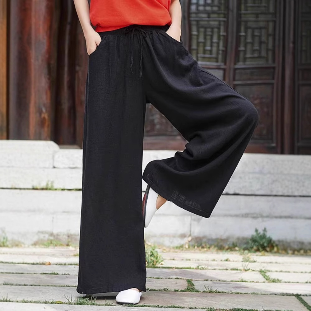 가을 2024 새로운 넓은 다리 바지 여성용 높은 허리 느슨한 슬리밍 타이트 허리 레이스 업 리넨 바지