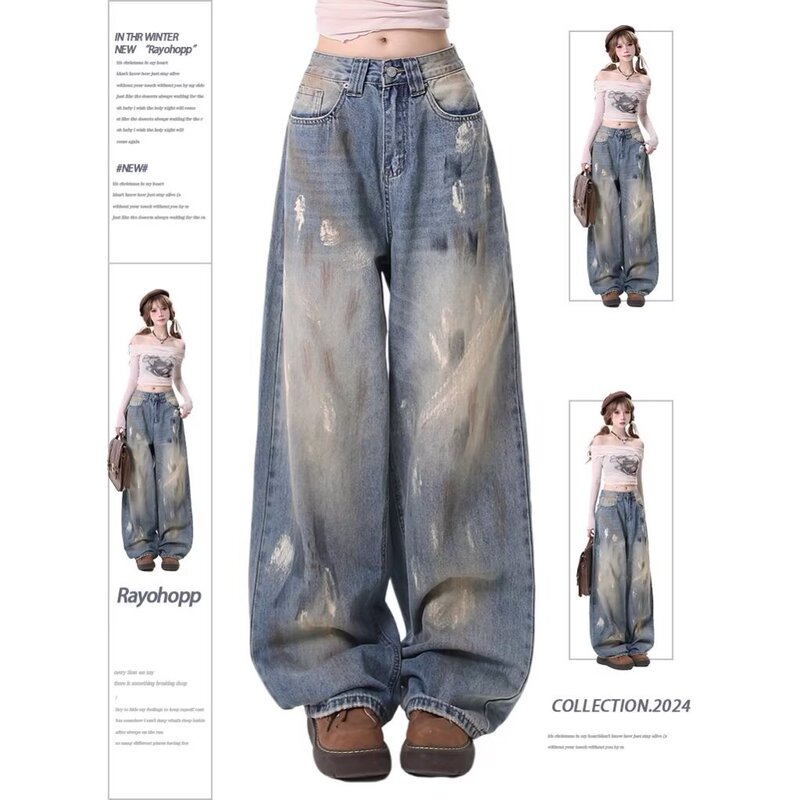 Vintage vibe distressed splash ink waste soil style jeans women's autumn and winter new American style hot girl loose straight leg wide leg pants Vintage vibe distressed splash ink waste soil style jeans women's autumn and winter new American style hot girl loose straight leg wide leg pants