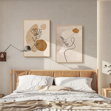 原木风卧室床头装饰画北欧抽象人物线条壁画现代简约主卧房间挂画