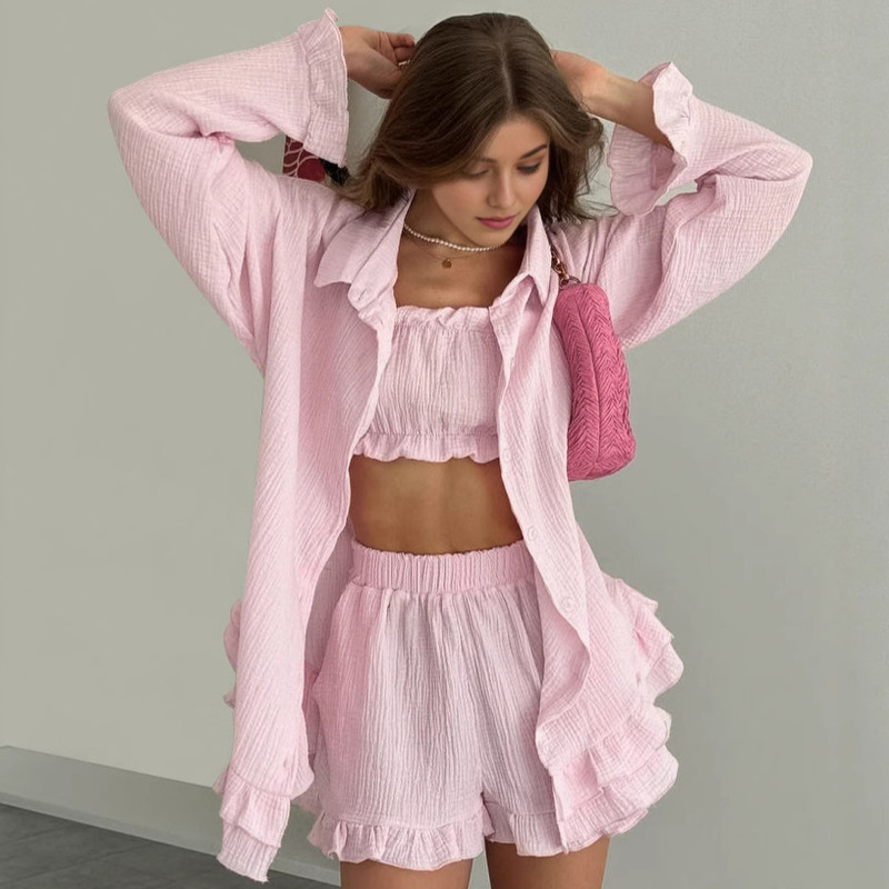 European and American Cross-Border Ruffled Loose-Fitting Underwear Long-Sleeved Shorts Pajamas Three-Piece Set 2026 Autumn New Home Wear for Women