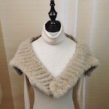 新款定制水貂毛领编织海军领皮草披肩外搭围脖米色羽绒服貂大衣冬