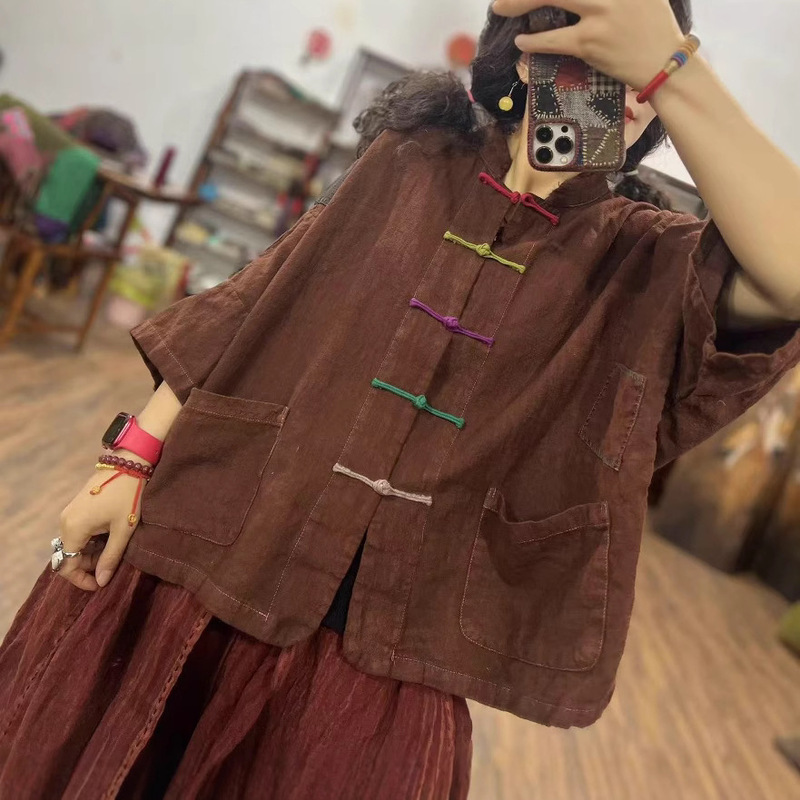 2025 Spring New Style Fried Color Distressed Shirt Loose and Easiest for Match Pure Linen Retro Style Women's Button Cardigan Top