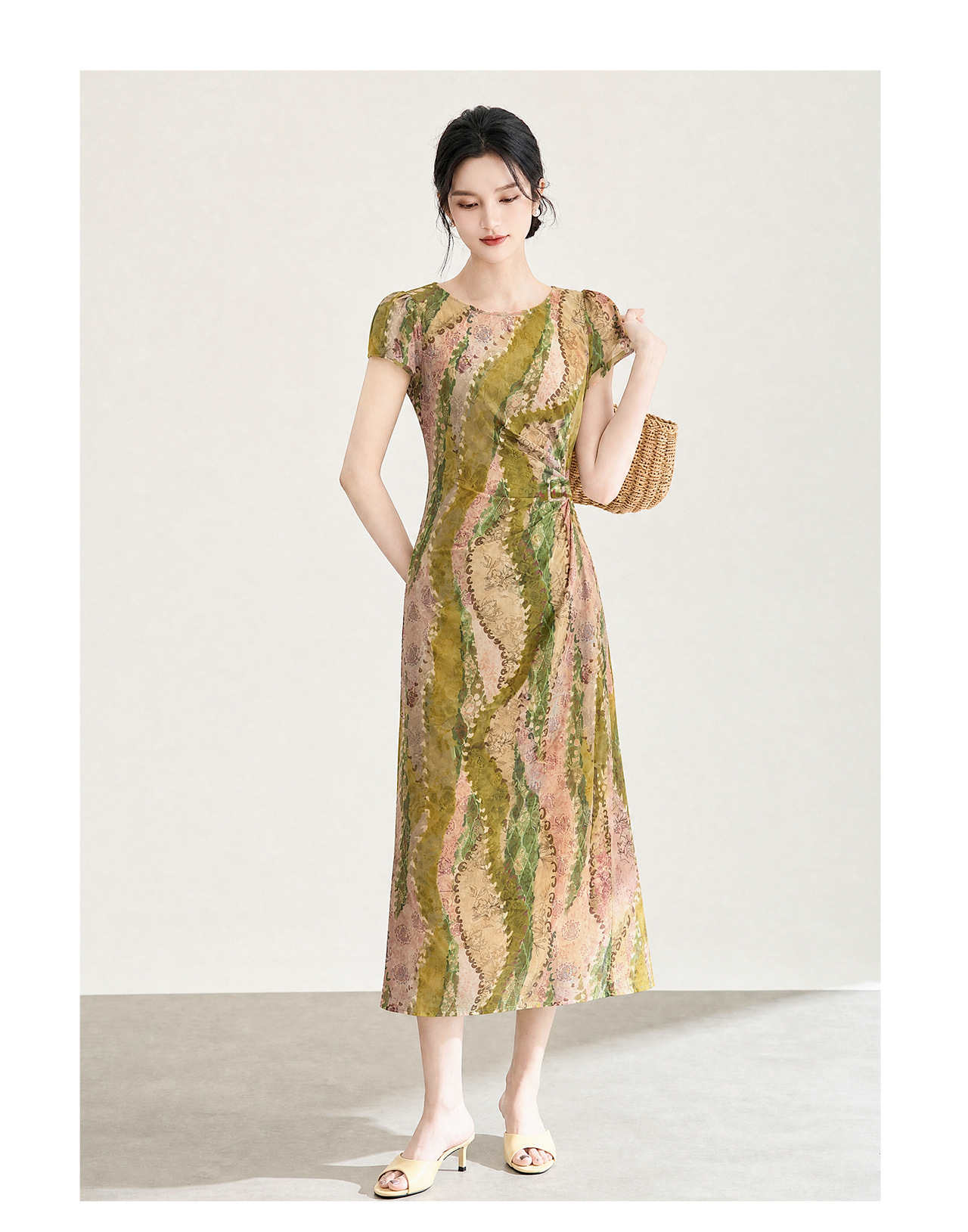 Đầm maxi nữ họa tiết bohemian tay ngắn thắt eo chất liệu voan — màu hồng chi tiết 18