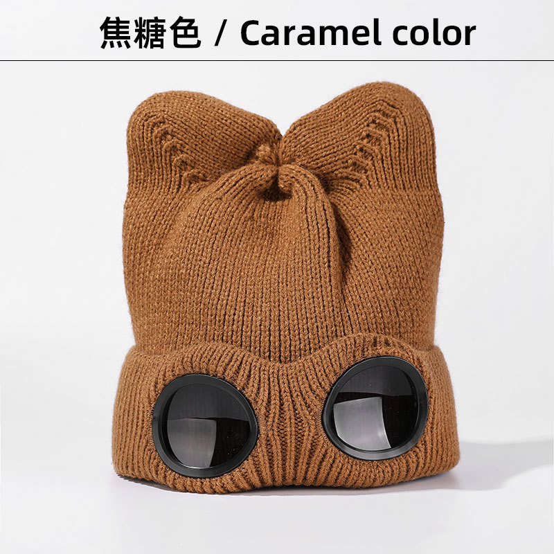 冬季新款时尚猫耳朵针织套头帽飞行员眼镜毛线帽加绒保暖护目冷帽|undefined