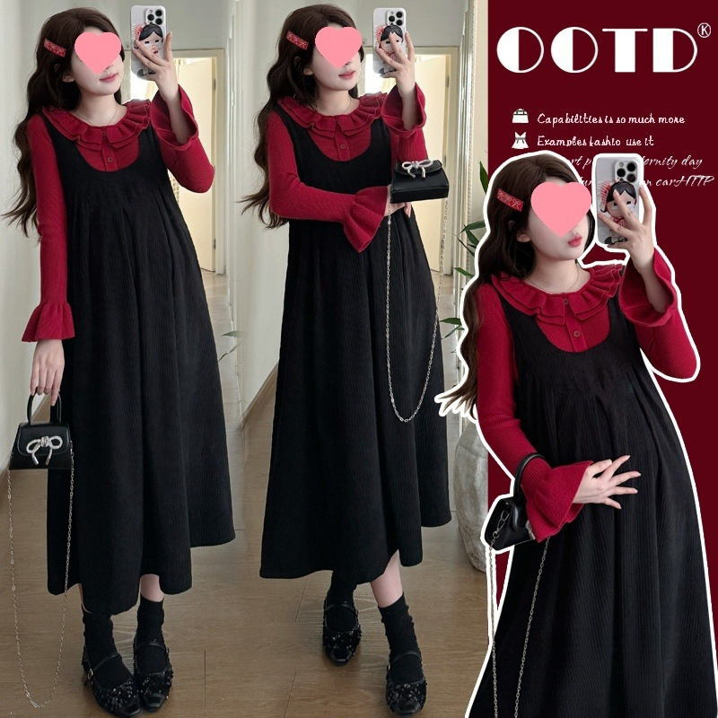 Stylish new autumn and winter maternity dress set, featuring a loose-fitting, slimming dress in a two-piece design, perfect for pregnancy outfits