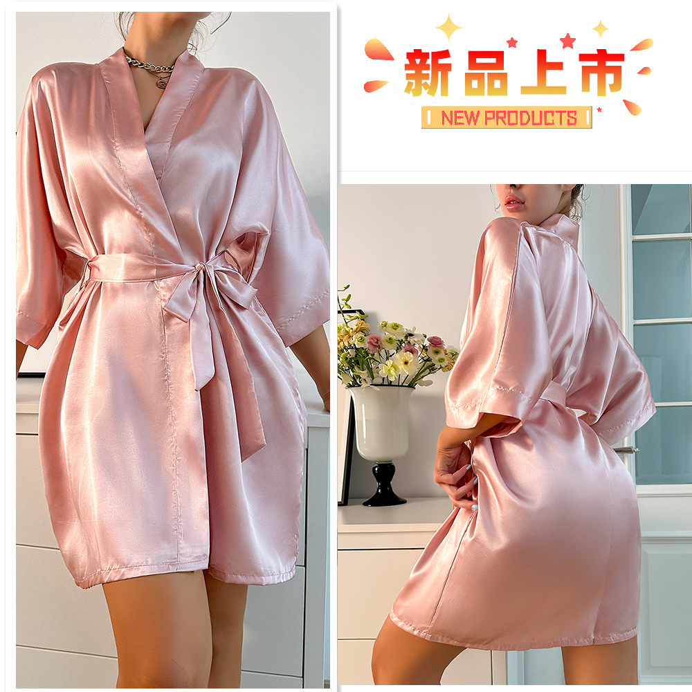 Danny Lin camisón de seda de simulación sexy estilo fino casual ropa de hogar pijamas de punto suelto simple bata de baño con cordones mujeres