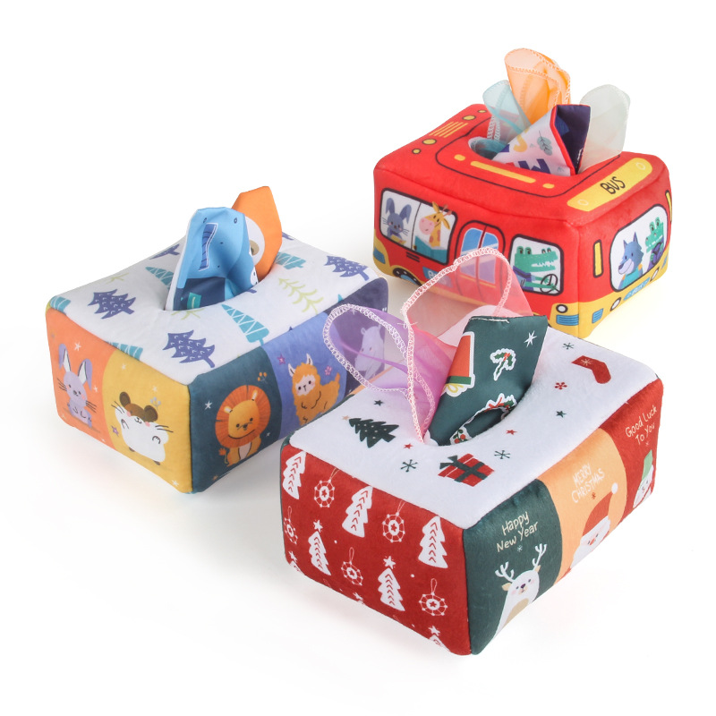 Bebé Educativo Educación Temprana libro de tela caja de juguete bebé sonando papel de tela libro de simulación de Navidad animal caja de pañuelos sin lágrimas