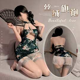 漫之语古风丝绒旗袍情趣内衣流苏性感牡丹印花纯欲诱惑包臀裙